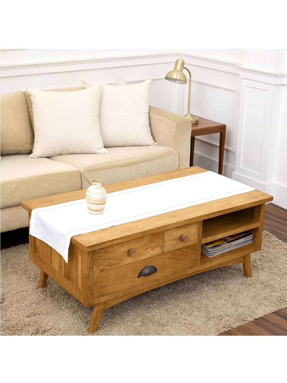 NEW Solino Home 100% Pure Linen White Table Runner. Classic Hemstitch 14” x 48”